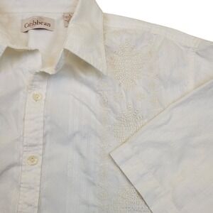 Caribbean Mens Large L Short Sleeve Embroidered Button Up Shirt 100% Cotton Ecru